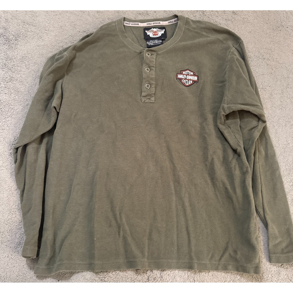Harley Davidson Henley Shirt Men L Olive Green Waffle Knit Metal Buttons